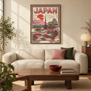 Japan Wall Art, framed on the wall of a design-led living room in a UK city flat with a warm cream wall and walnut floor