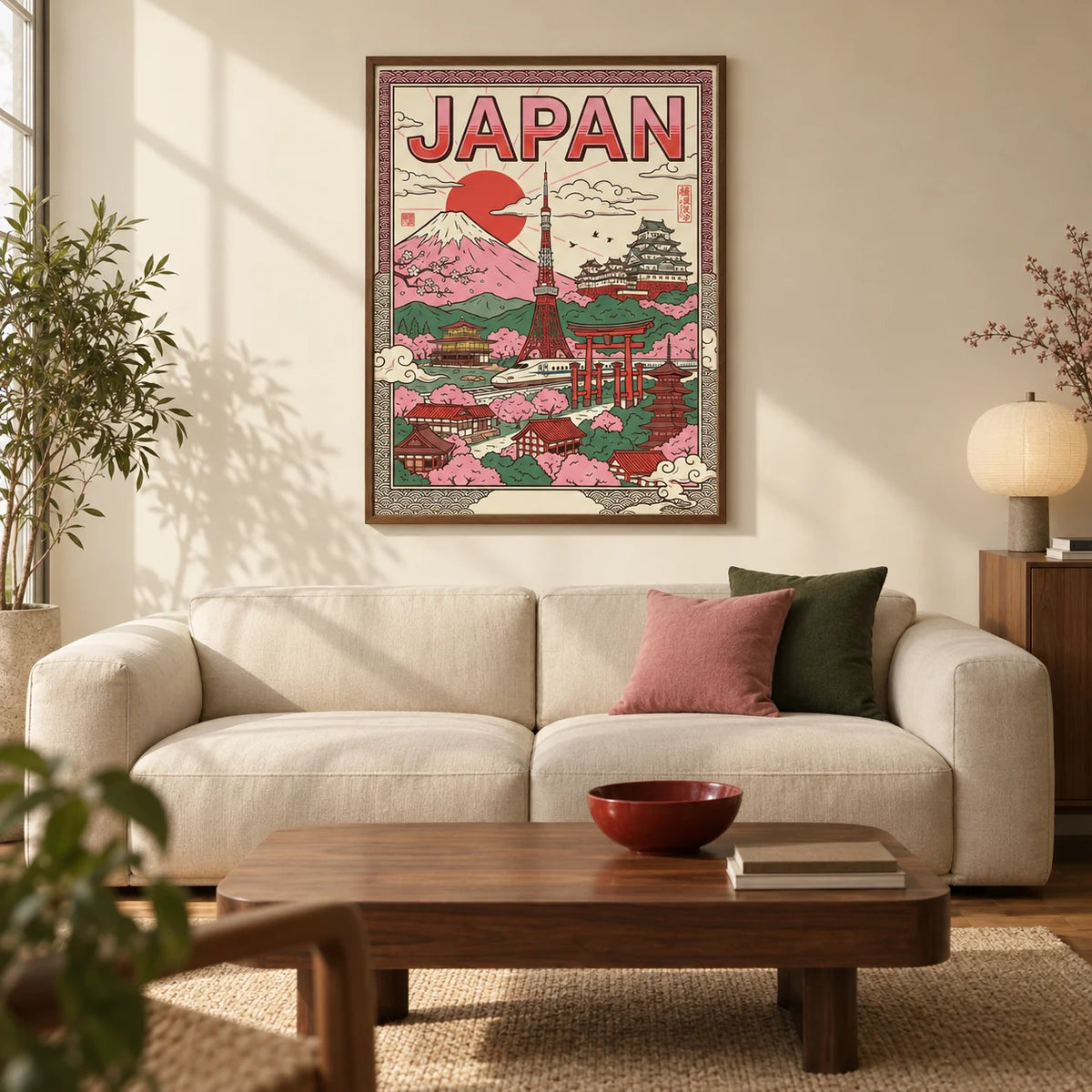 Japan Wall Art, framed on the wall of a design-led living room in a UK city flat with a warm cream wall and walnut floor