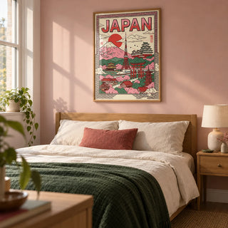 Japan Wall Art, framed on the wall of a modern bedroom in a UK first home for a Japan travel enthusiast aged 25-35 with a pale dusty pink wall