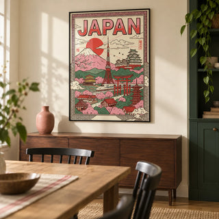 Japan Wall Art, framed on the wall of a modern dining room in a renovated terraced home with a pale cream wall and a forest green built-in cupboard