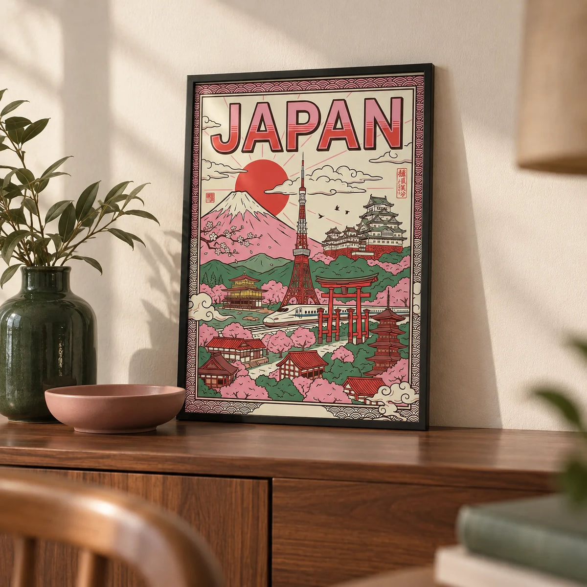 Japan Wall Art, a small A4 framed print leaning on a walnut sideboard in a living room