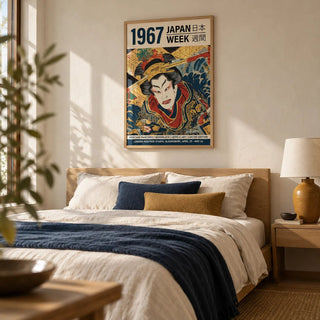 Japandi Art, framed on the wall of a calm Japanese-modern bedroom with a cream plaster wall