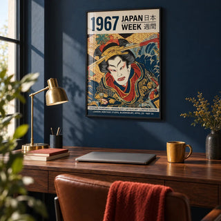 Japandi Art, framed on the wall of a home office with a deep navy painted wall