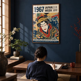 Japandi Art, framed on the wall of a Japanese-style study with a dark wood floor and a navy wall