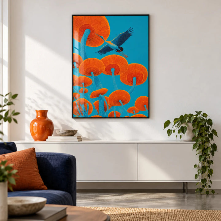 Japandi Bird Print, framed on the wall of a design-led city-flat living room with a white wall and a polished concrete floor