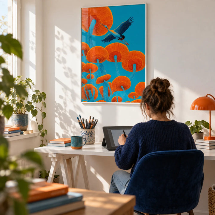 Japandi Bird Print, framed on the wall of an illustrator's home studio with a white wall in a home office