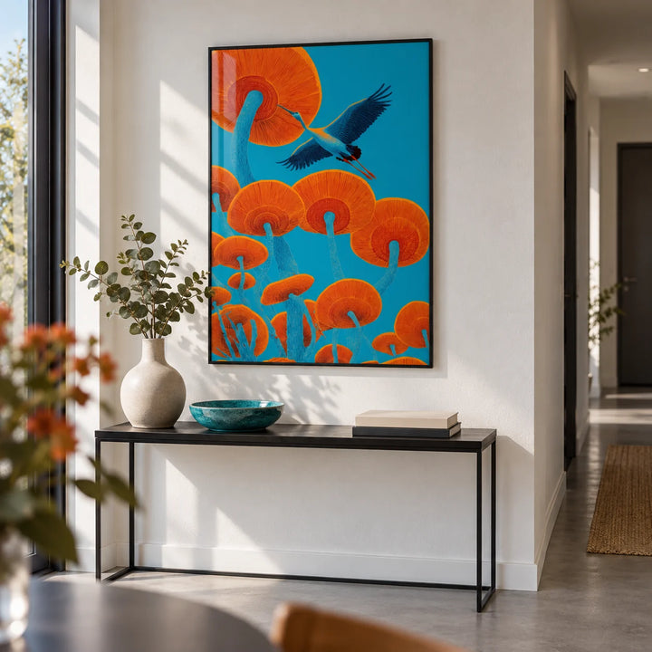 Japandi Bird Print, framed on the wall of a modern hallway with a white wall and a grey floor