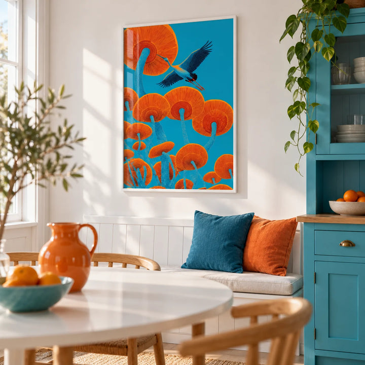 Japandi Bird Print, framed on the wall of a modern kitchen dining area with white walls and a turquoise painted cabinet