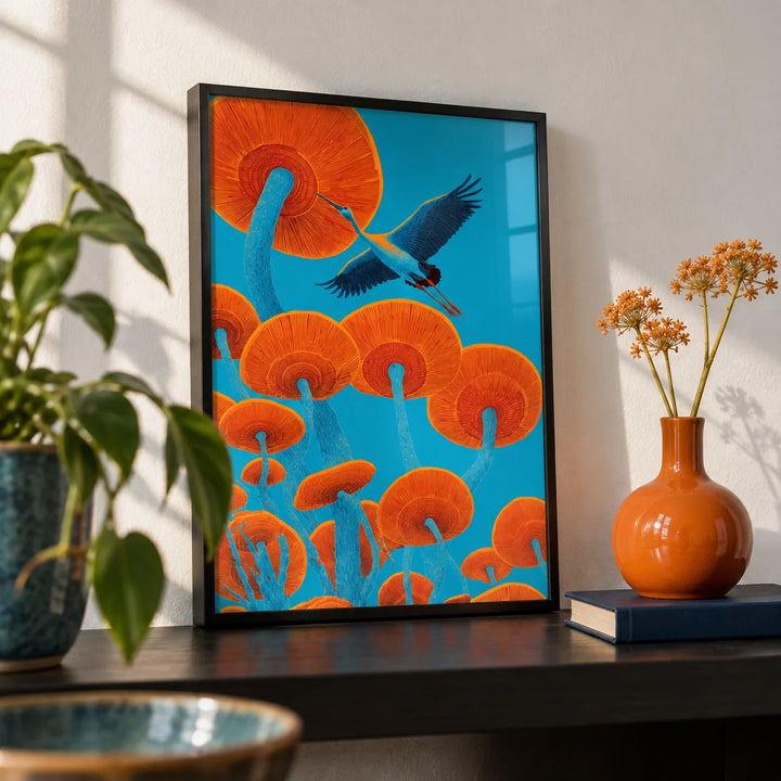 Japandi Bird Print, a small A4 framed print leaning on a black shelf in a living room