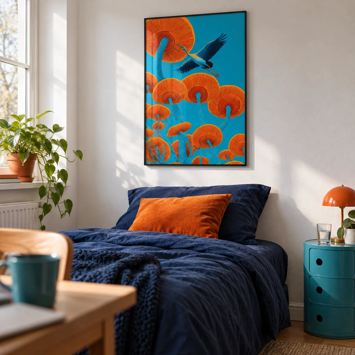 Japandi Bird Print, framed on the wall of a young adult's single bedroom (20-26) with a white wall