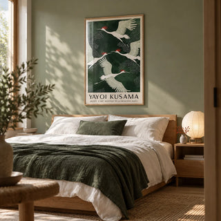 Japandi Wall Art, framed on the wall of a calm Japandi bedroom with a soft sage green wall