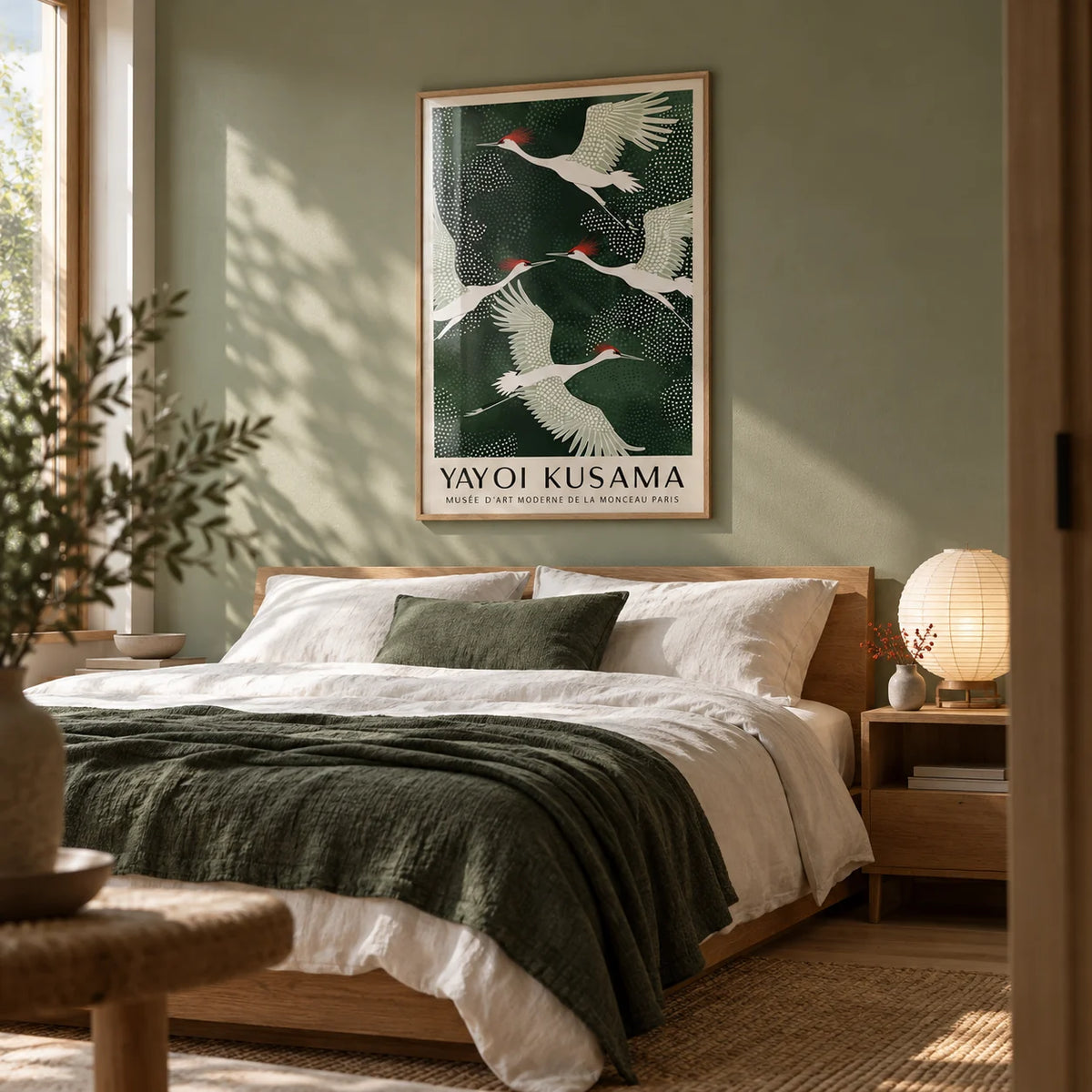Japandi Wall Art, framed on the wall of a calm Japandi bedroom with a soft sage green wall