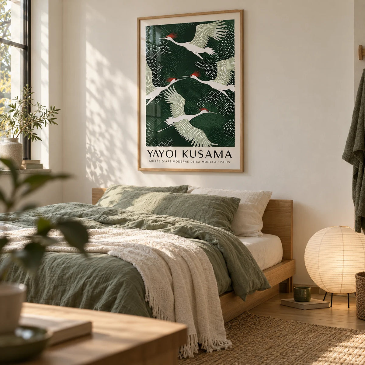 Japandi Wall Art, framed on the wall of a calm Japandi single bedroom for a young adult (18-25) with a warm white wall