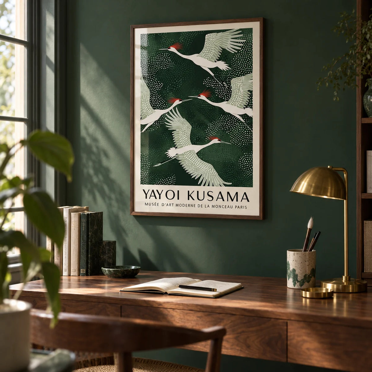 Japandi Wall Art, framed on the wall of a quiet study with a deep green painted wall