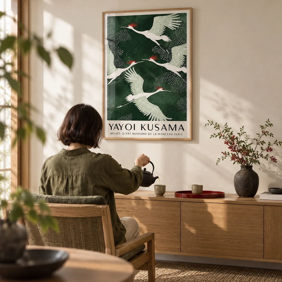 Japandi Wall Art, framed on the wall of a quiet tea corner in a Japandi flat with a cream wall in a living room