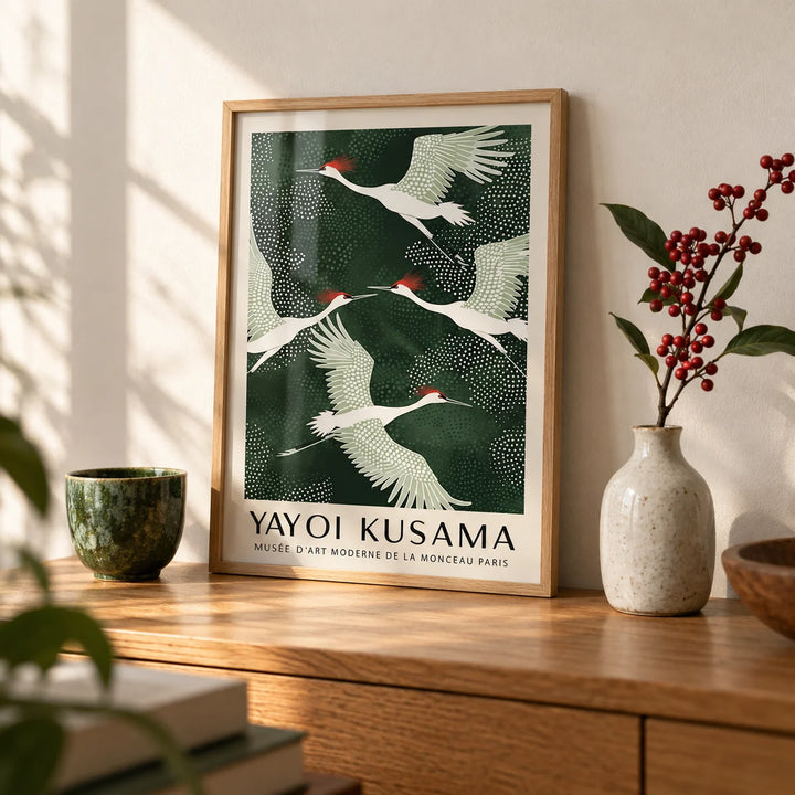 Japandi Wall Art, a small A4 framed print leaning on an oak shelf in a living room