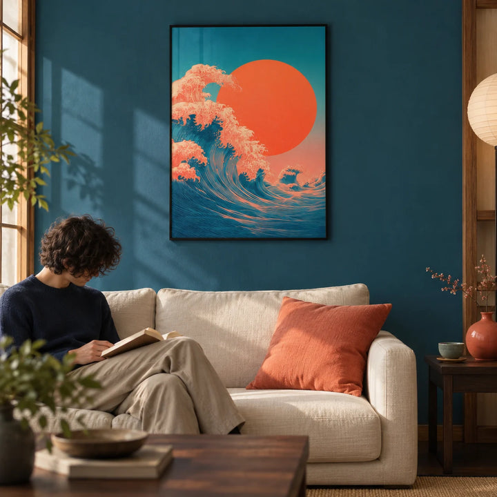 Japandi Waves Print, framed on the wall of a modern Japanese-style living room with one deep teal blue painted wall