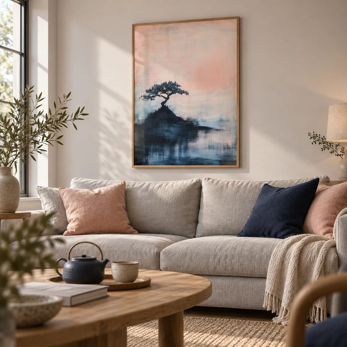 Japanese Abstract Art, framed on the wall of a calm living room