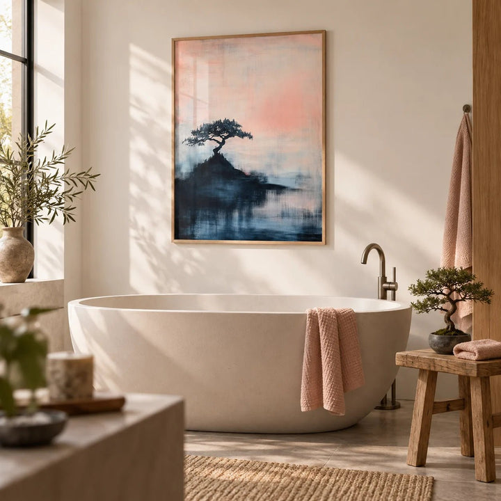 Japanese Abstract Art, framed on the wall of a calm spa-like bathroom