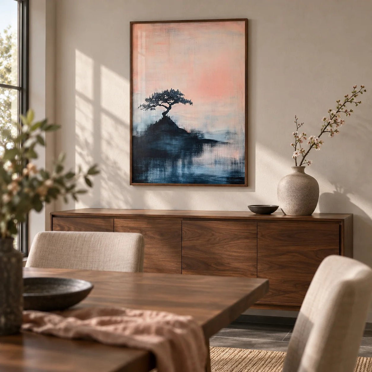 Japanese Abstract Art, framed on the wall of a quiet dining room