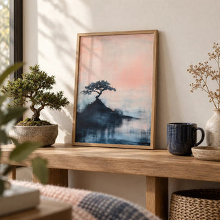 Japanese Abstract Art, a small A4 framed print leaning on a low oak bench in a living room