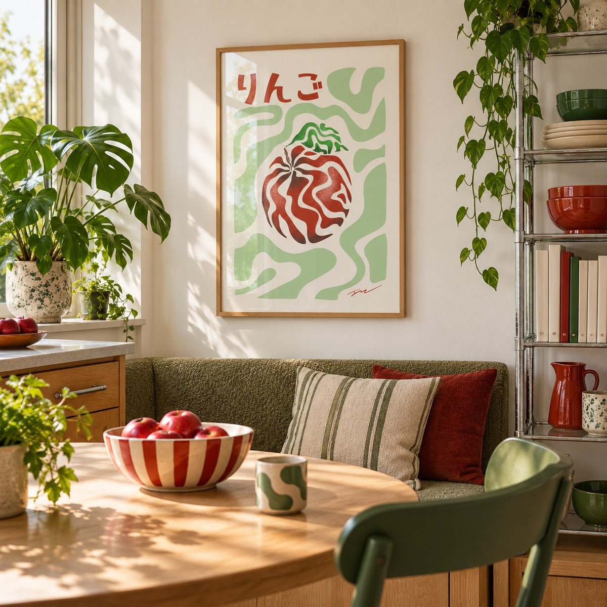 Japanese Apple Print hung above a breakfast nook in a city apartment kitchen (frame not included)