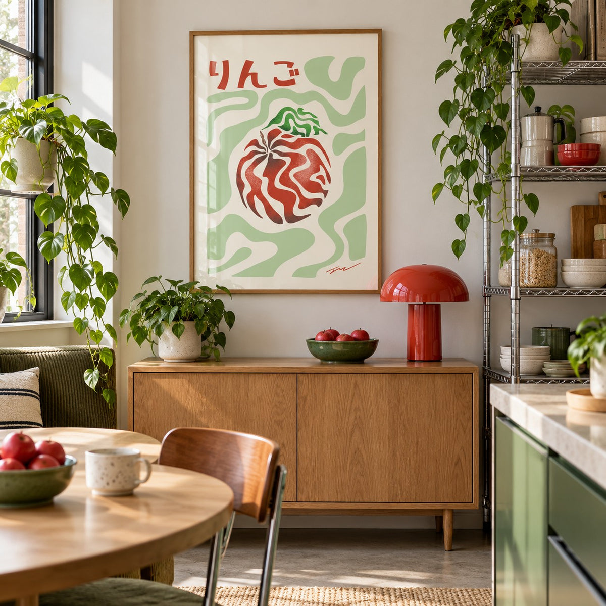 Japanese Apple Print hung above an oak sideboard in a creative apartment kitchen (frame not included)