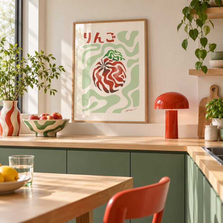 Japanese Apple Print above the worktop in a minimalist kitchen (frame not included)