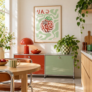 Japanese Apple Print hung above a retro modular console in a playful kitchen (frame not included)