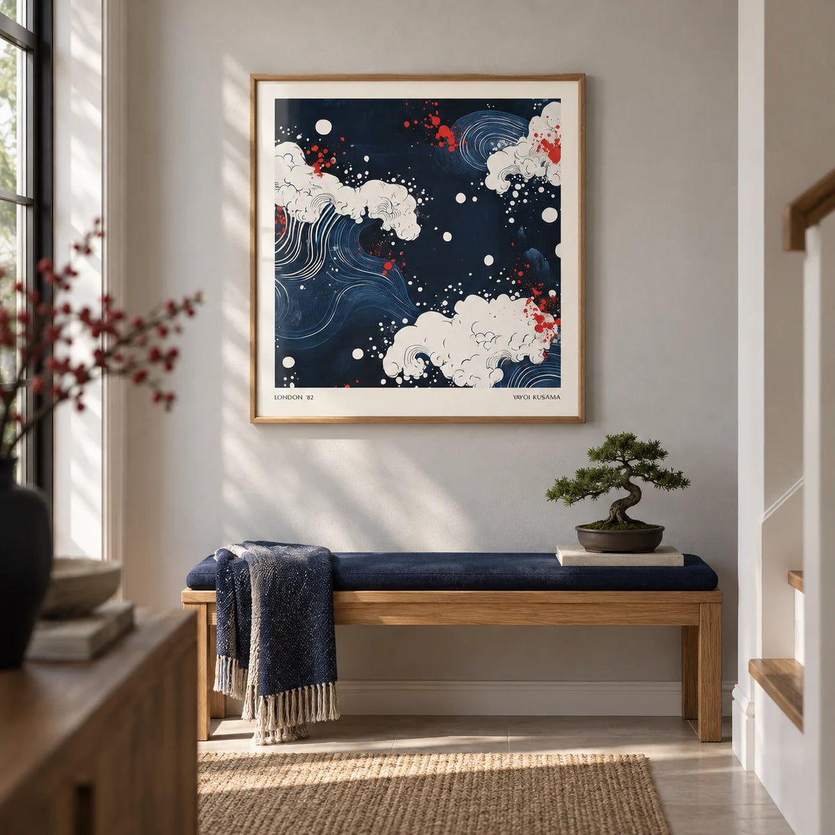 Japanese Art, framed on the wall of a calm hallway with a pale grey wall