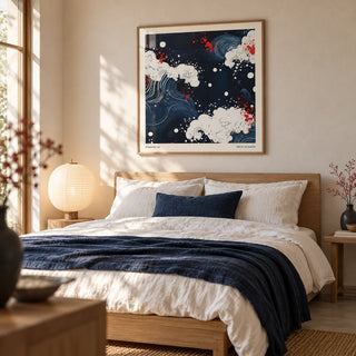 Japanese Art, framed on the wall of a calm Japandi bedroom with a warm white plaster wall