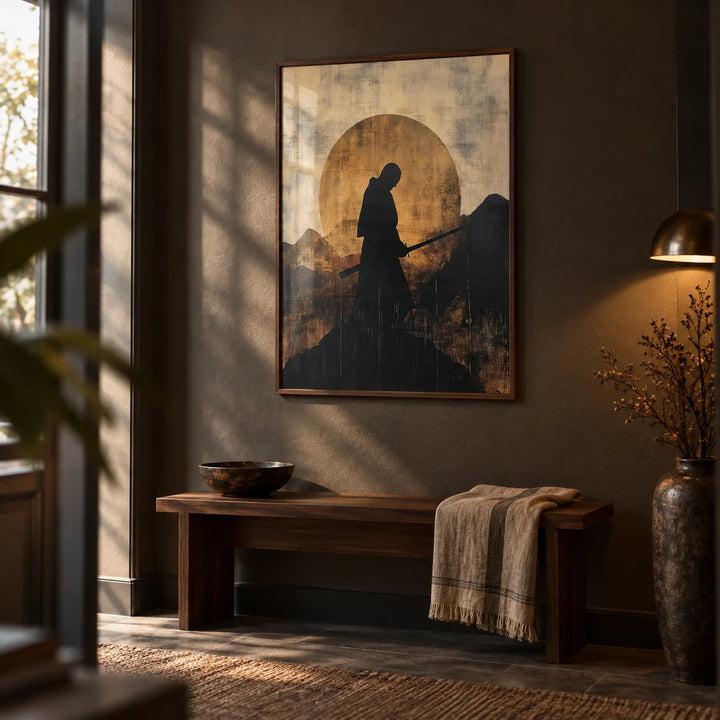 Japanese Art for Sale, framed on the wall of a calm dark hallway