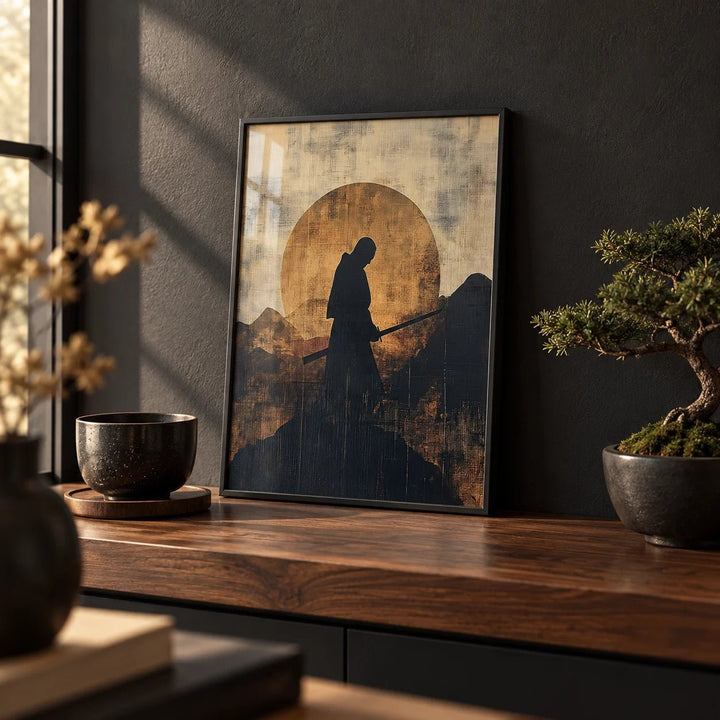 Japanese Art for Sale, a small A4 framed print leaning on a walnut shelf in a living room