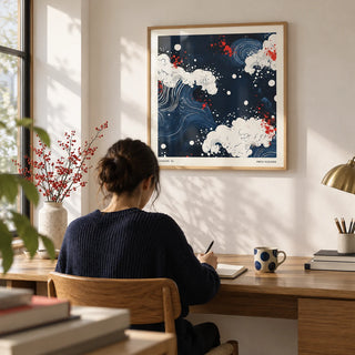 Japanese Art, framed on the wall of a minimal home study with a soft white wall