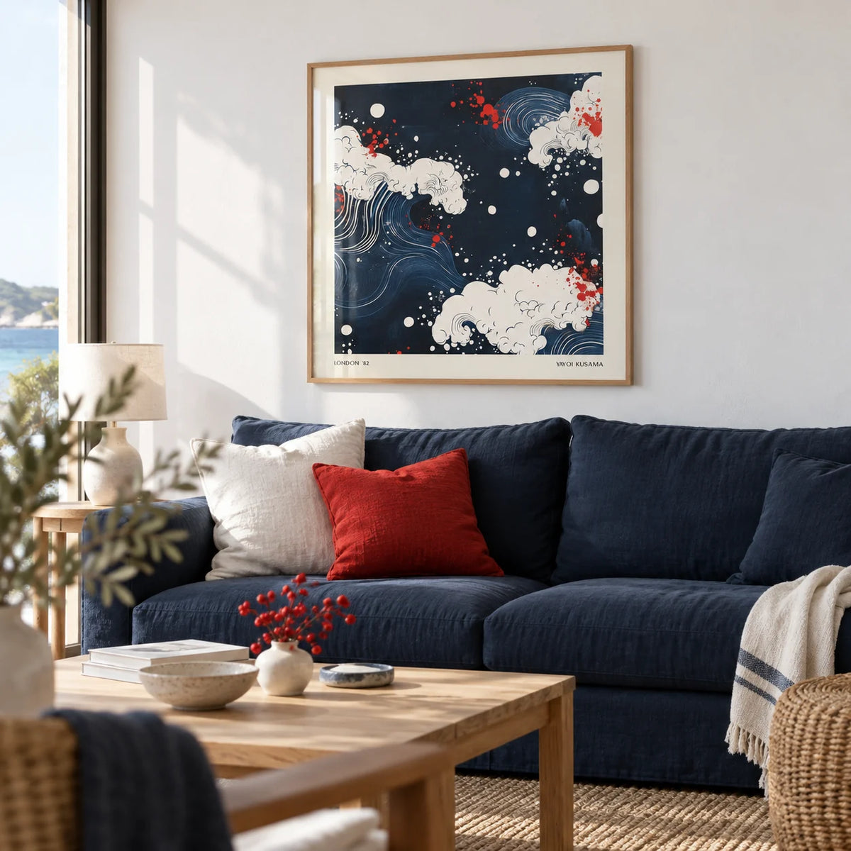 Japanese Art, framed on the wall of a modern coastal living room with a white wall