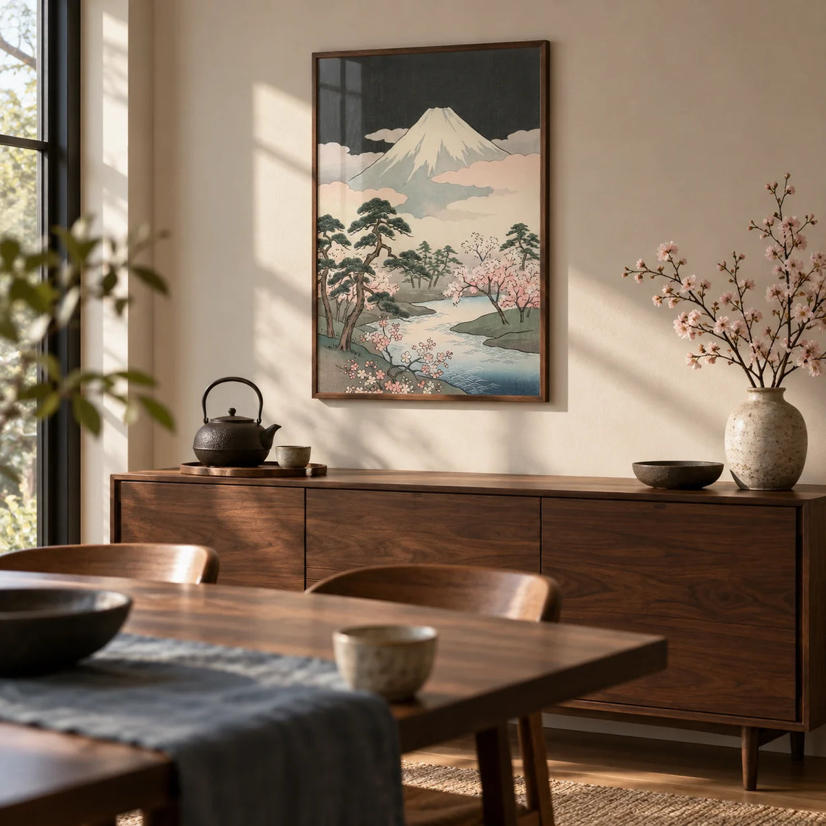 Japanese Art Mountains, framed on the wall of a calm dining room