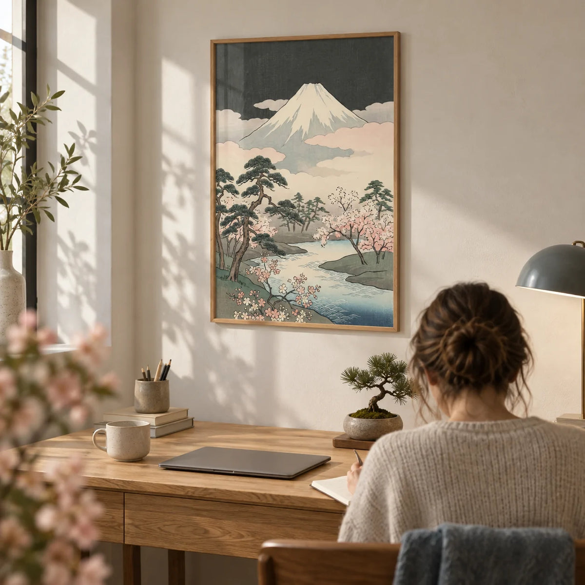 Japanese Art Mountains, framed on the wall of a calm home office