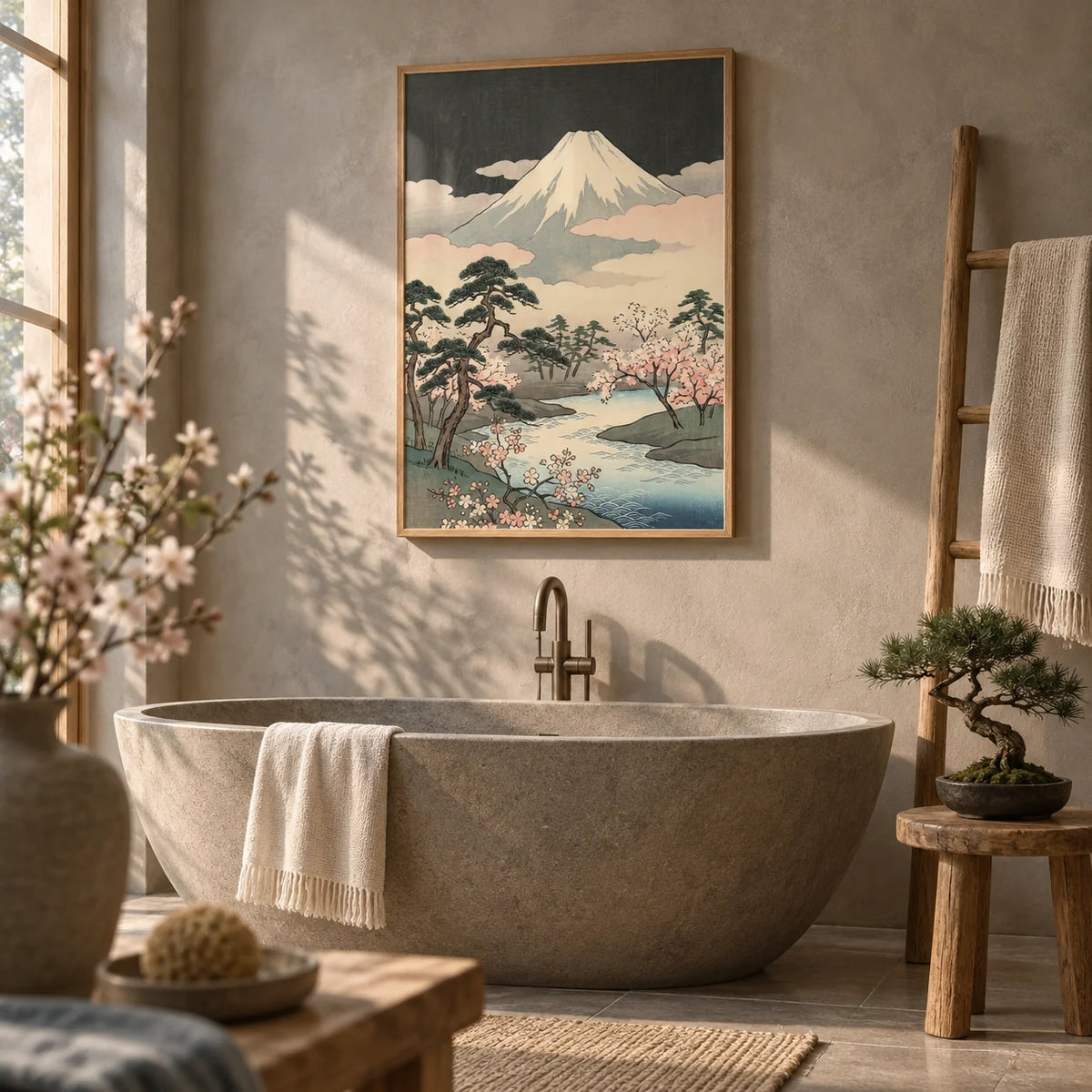 Japanese Art Mountains, framed on the wall of a calm spa bathroom with warm grey plaster walls