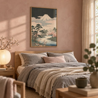 Japanese Art Mountains, framed on the wall of a serene bedroom with a soft pink limewashed wall