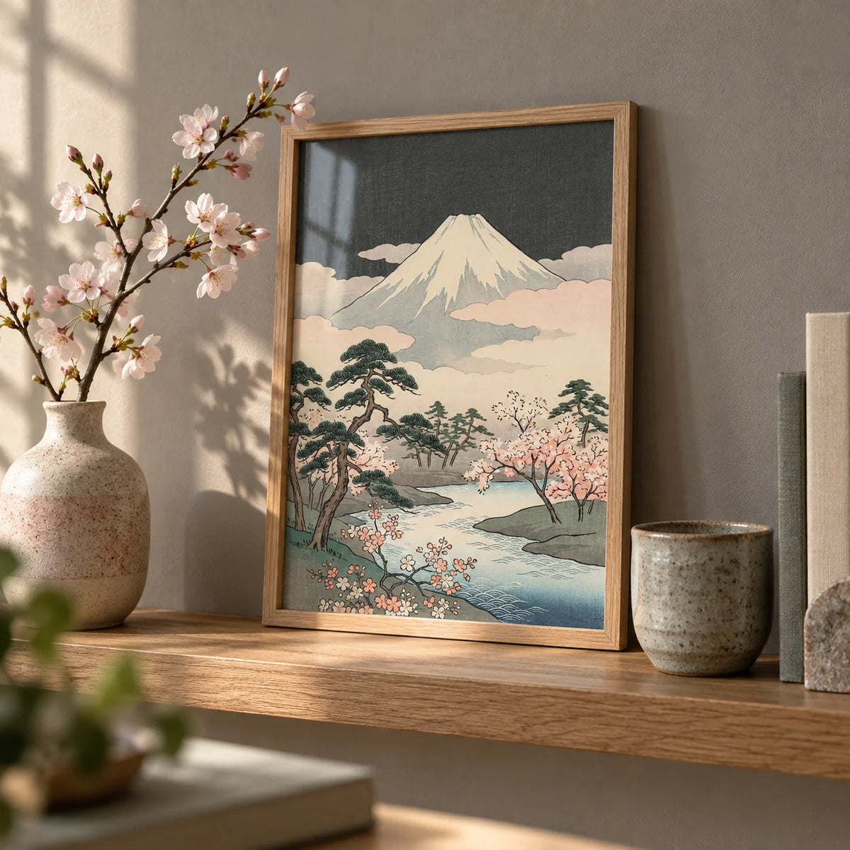 Japanese Art Mountains, a small A4 framed print leaning on an oak shelf in a living room