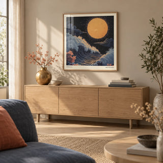 Japanese Art Pictures, framed on the wall of a calm Japandi living room with a warm greige wall and a pale oak floor