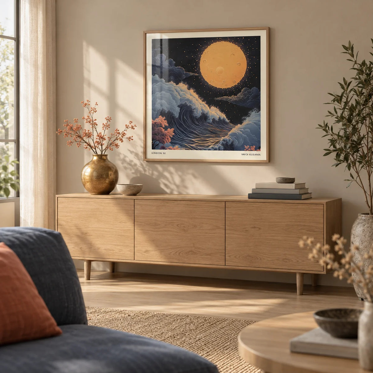 Japanese Art Pictures, framed on the wall of a calm Japandi living room with a warm greige wall and a pale oak floor