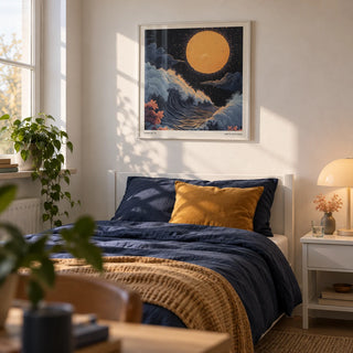 Japanese Art Pictures, framed on the wall of a calm single bedroom for a young adult (18-25) with a soft white wall