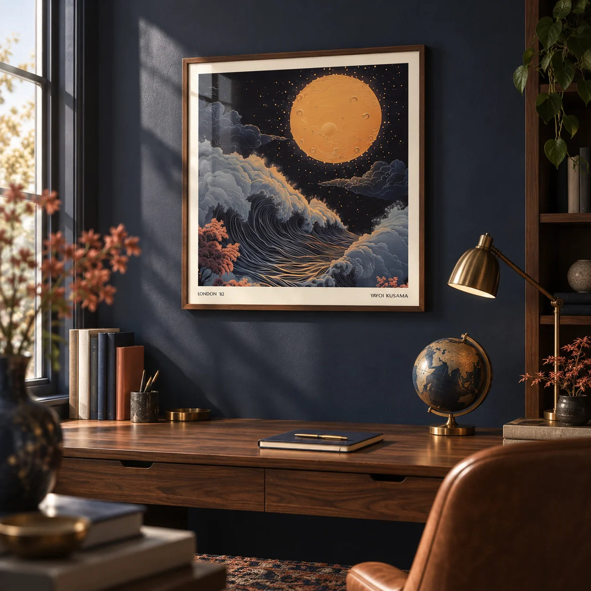 Japanese Art Pictures, framed on the wall of a calm study with a deep navy wall