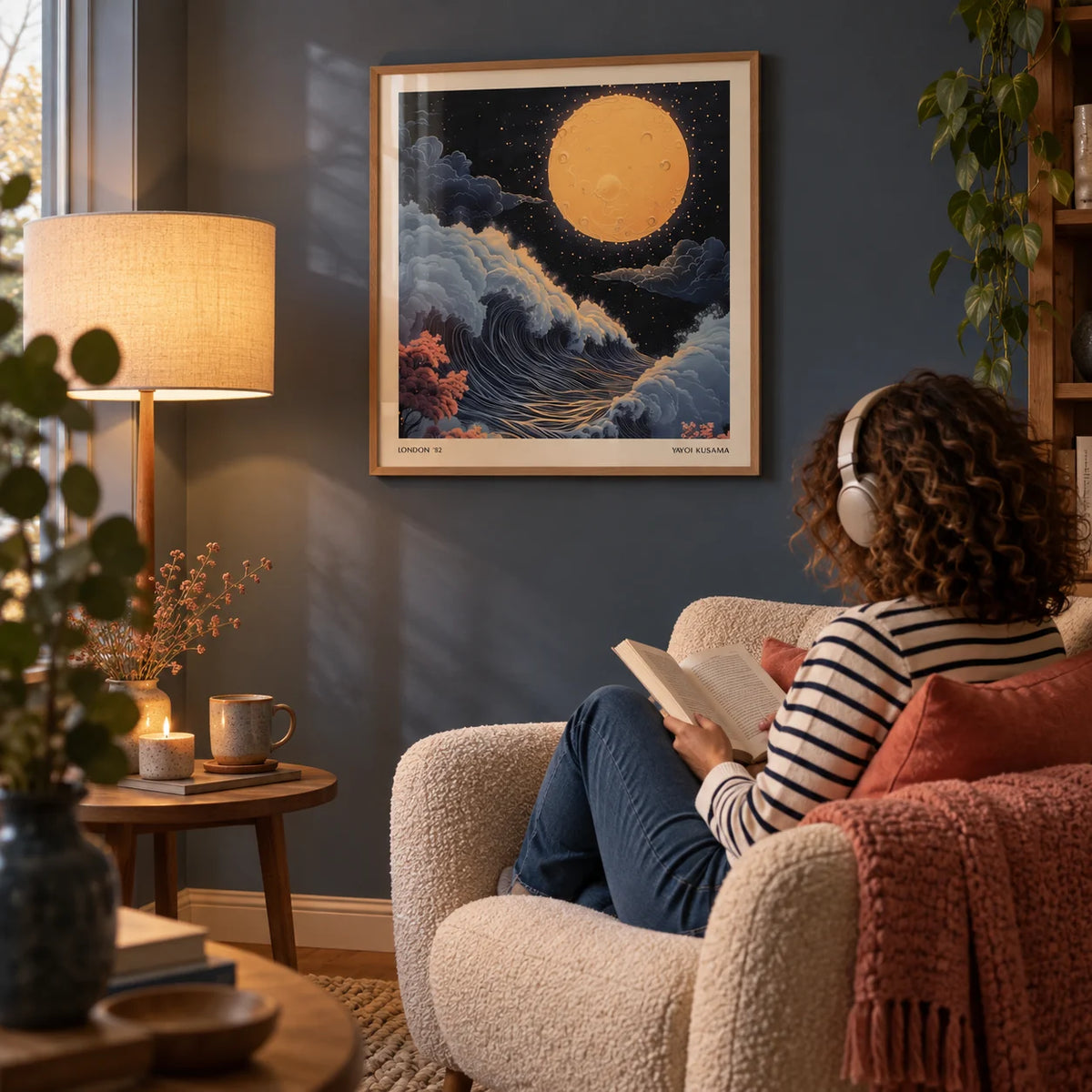 Japanese Art Pictures, framed on the wall of a cosy evening reading corner with a slate blue wall in a living room