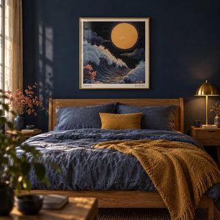 Japanese Art Pictures, framed on the wall of a moody grown-up bedroom with a deep navy painted wall
