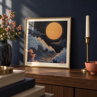 Japanese Art Pictures, a small A4 framed print leaning on a walnut shelf in a living room