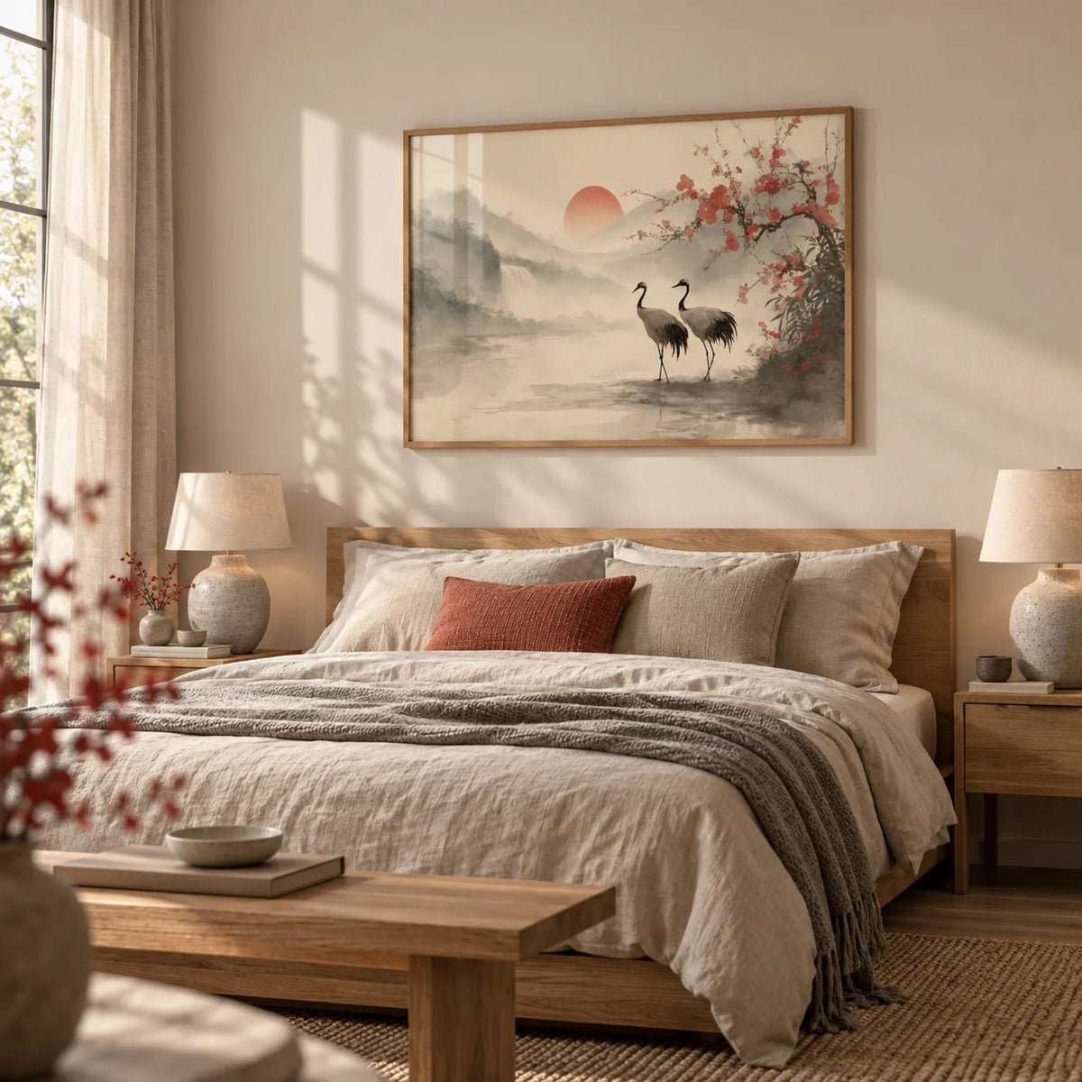 Japanese Art Poster, framed on the wall of a calm bedroom