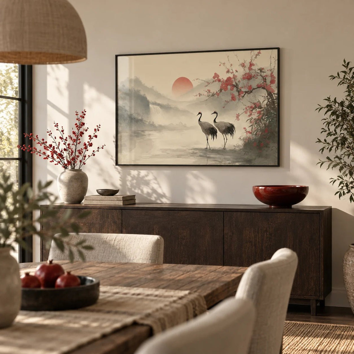 Japanese Art Poster, framed on the wall of a calm dining room