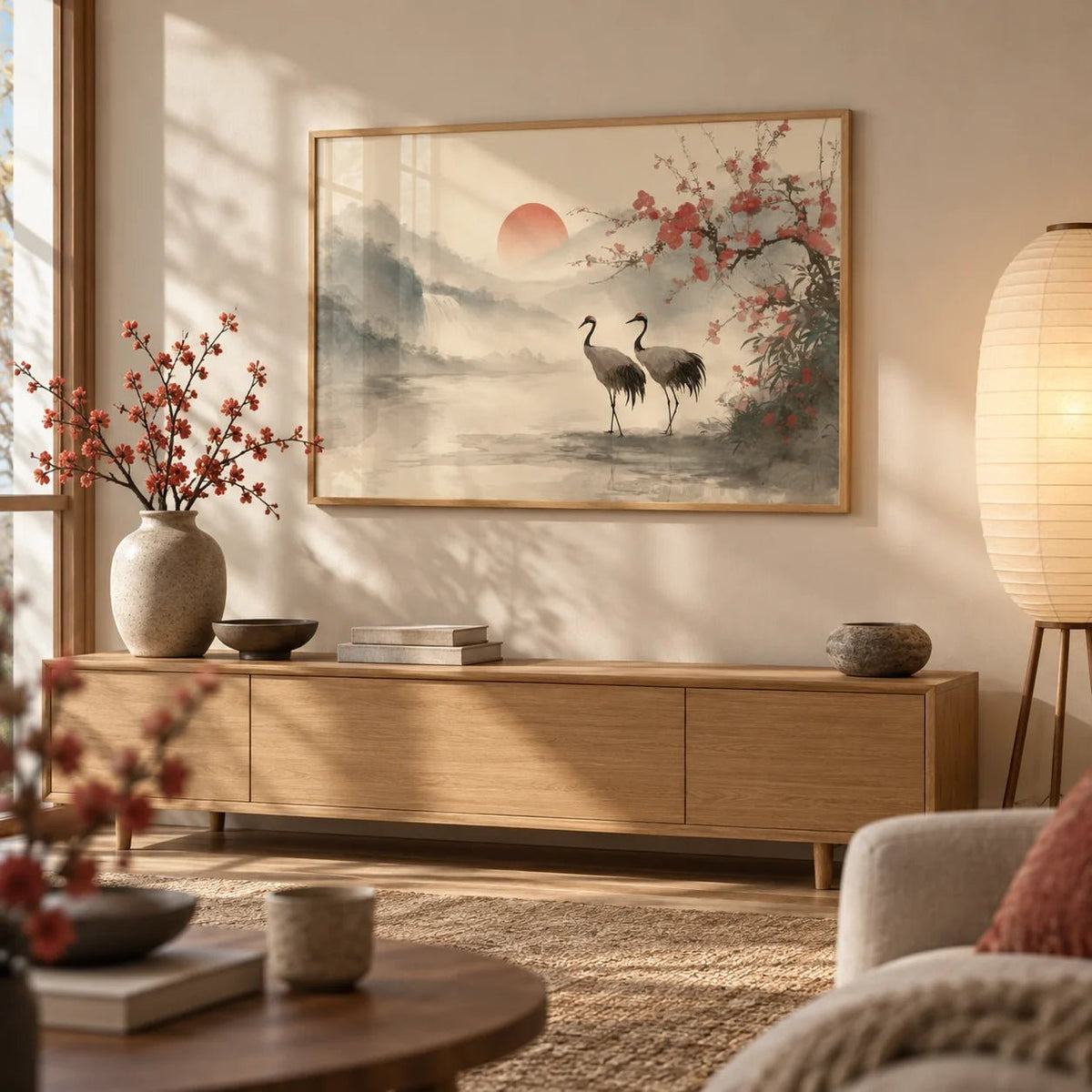 Japanese Art Poster, framed on the wall of a calm living room corner